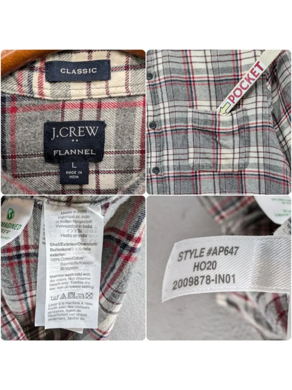 J.CREW Classic Flannel Shirt Mens Grey Red Long Sleeve Button Cotton Down Size L